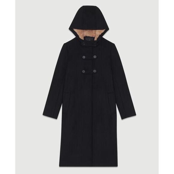 Maje Gomino Wool Coat 4 36 S Black Faux Fur Hood Jacket Academia Prep Old Money - Picture 1 of 13